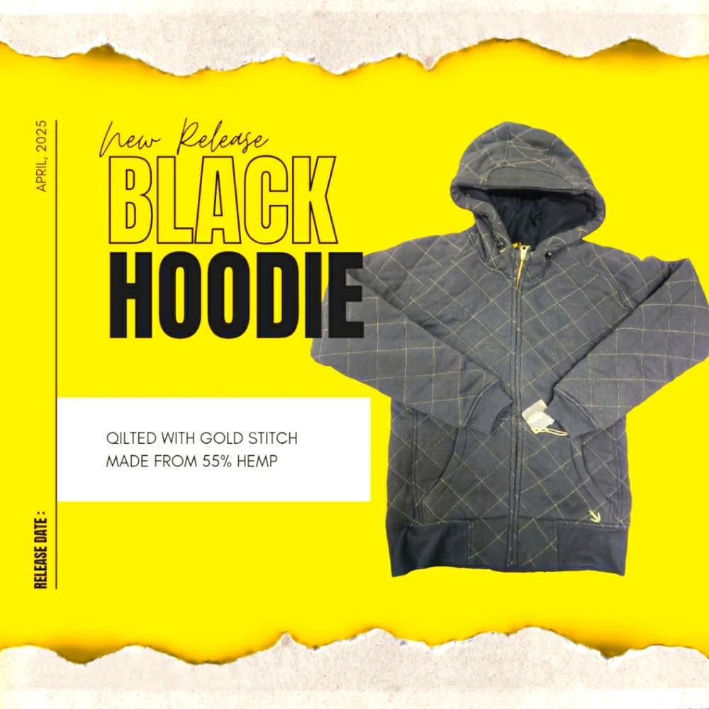 Black Quilted Hoodie with Gold Stitch